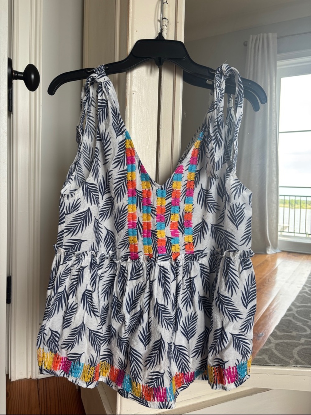 THML Navy Palm Print Top with Multicolor Embroidery Size small